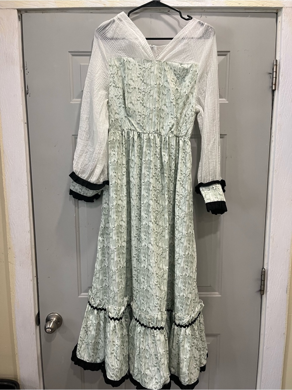 Mint Floral Maxi Dress with White Bodice and Black Trim